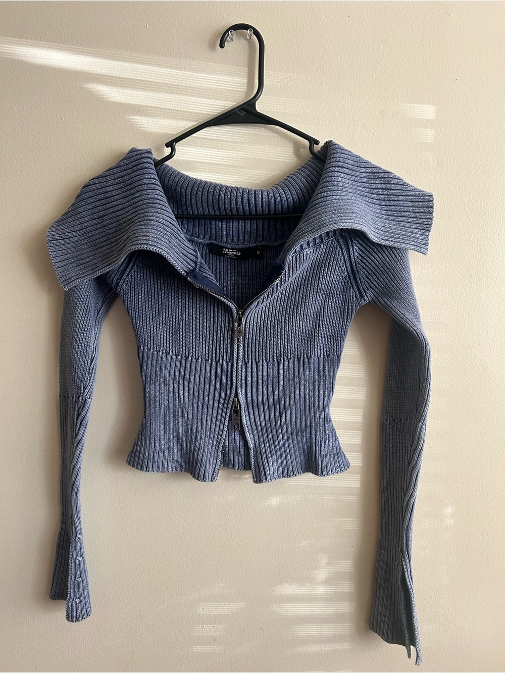 Ribbed Zip Front Off-Shoulder Sweater - Slate Blue